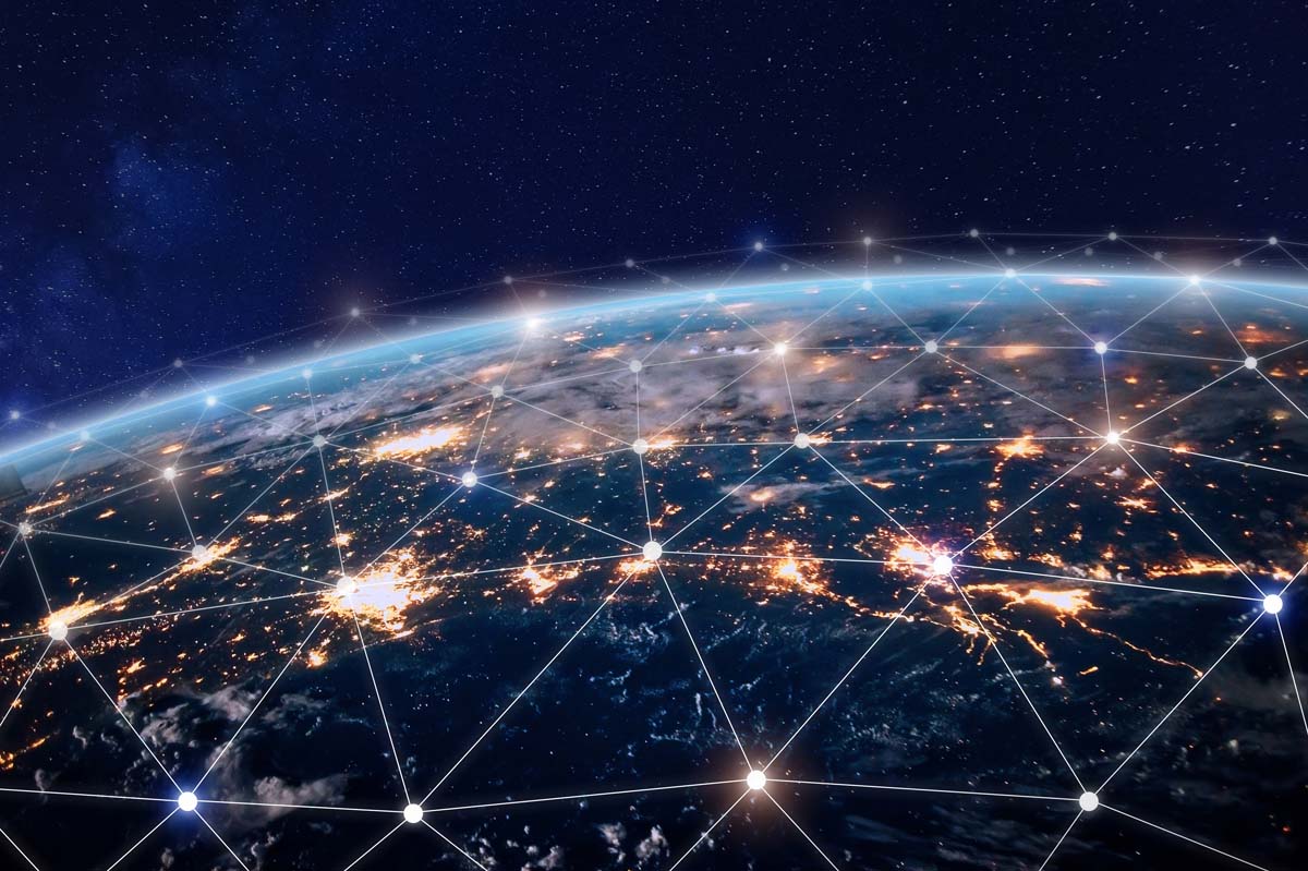 A photo illustration of a global telecommunication network with nodes connected around Earth.