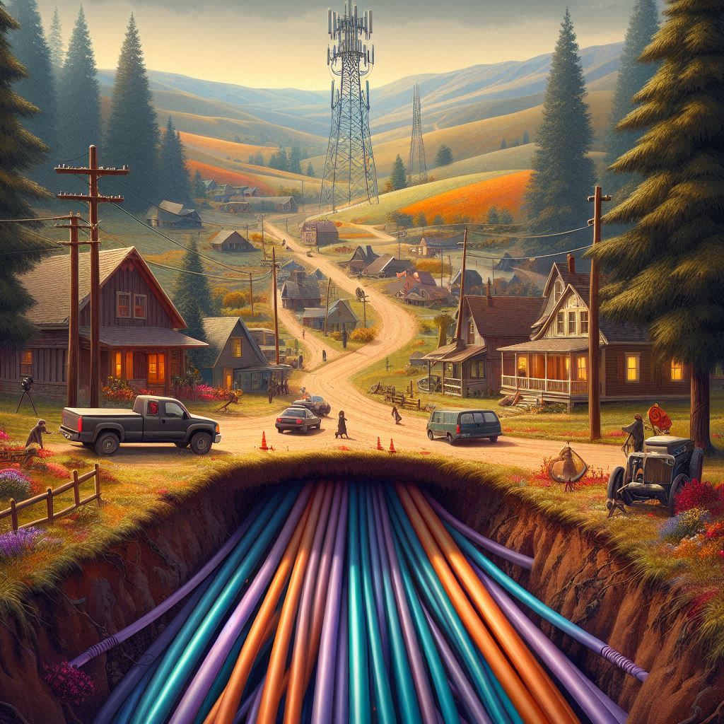 An AI-gerneated image depicted a rural, small town with fiber cables running underground and a communications tower in the distance.