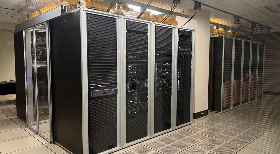 A server room with multiple server cabinets.