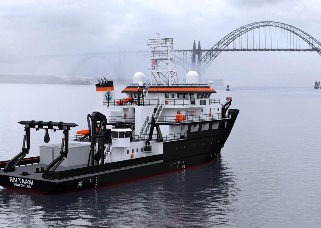 A research vessel traveling in waters off the coast of Oregon.