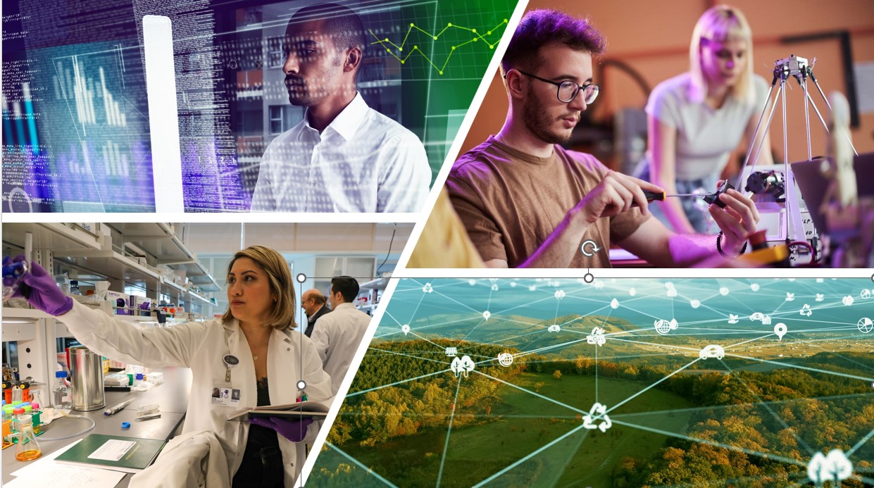 A collage of four images depicting: a man in a white shirt lookeing at advanced computer screens; two robotics lab students; medical lab researchers, and an illustration of computing nodes over a picture of rural Oregon.